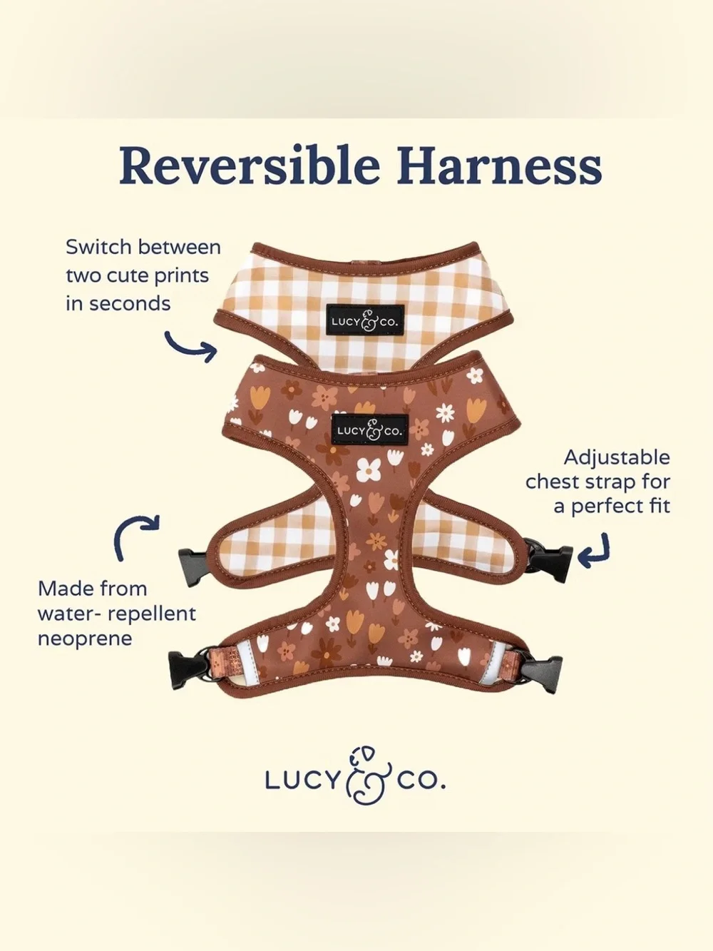 Lucy & Co. Chocolate Meadows Brown Floral Gingham Reversible Dog Harness Medium